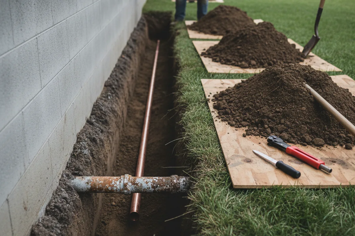 Excavated water line trench during Water Heater Repair in Malone